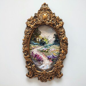 Paysage de montagne de champs de fleurs sauvages 7: 4" peinture à l'huile 3d originale d'empâtements sur toile plâtre vintage fait main encadrée oeuvre de couteau à palette