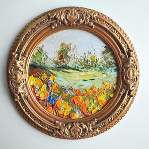 Champs de pavots Californie paysage floral 8:8" empâtement original 3d peinture à l'huile sur toile oeuvre de couteau à palette cadre vintage fait main
