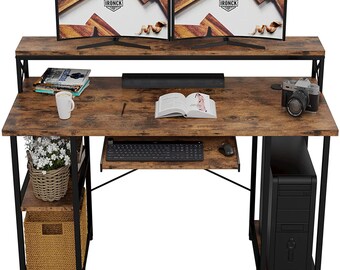 study table organizer Computer Desk 55", Office Desk with Printer Monitor Shelf Storage Shelf CPU Stand, Studying Writing Table for Home Office Vintage