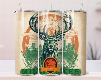 Emballage de gobelet de basket-ball 20 oz, conception png par sublimation, basketball de milwaukee, téléchargement numérique, maquette de gobelet, maquette vidéo, dollar