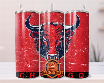 Emballage de gobelet de basket-ball 20 oz, conception png par sublimation, basket-ball de chicago, téléchargement numérique, maquette de gobelet, maquette vidéo, taureau