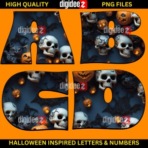 Halloween Letters PNG Perfect for Sublimation or Print Dark blue, gray, png letters with skulls and pumpkins, clip art letters