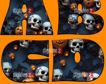 Lettres d’Halloween PNG Parfait pour la sublimation ou l’impression Bleu foncé, gris, lettres png avec crânes et citrouilles, lettres clip art