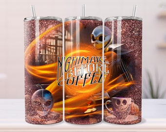 Nightmare Before Coffee Halloween Tumbler Wrap, téléchargement numérique, conception de tumbler de 20 oz, png de sublimation d’Halloween sans couture, maquette de tumbler