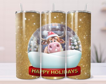 Highland Cow Snow Globe Tumbler Wrap, joyeuses fêtes, Noël, vache de Noël, boule à neige, Noël de vache des Highlands, maquette de gobelet, maquette vidéo