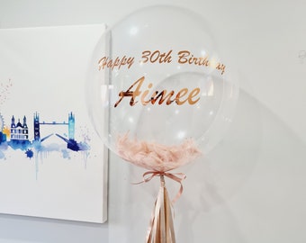 Personalised Bubble Balloon,  Rose Gold Bubble Balloon, Helium Filled Balloon With Feathers, Delivered Direct To Your Loved Ones in A Box