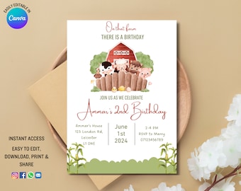Farm Birthday Invitation, Barnyard Animals, Editable Digital Invite (PDF)