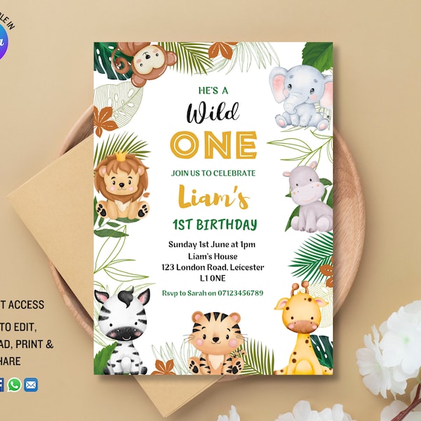 EDITABLE Jungle Safari Birthday Invitation, Wild One 1st Birthday Invite, Jungle Party Invitations and Thank You Tag