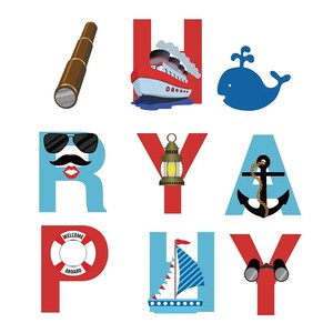 May include: A colorful alphabet print with nautical themes. Each letter is red with a blue outline and features a different nautical image. The letters spell out "HURRY" and "PLAY".