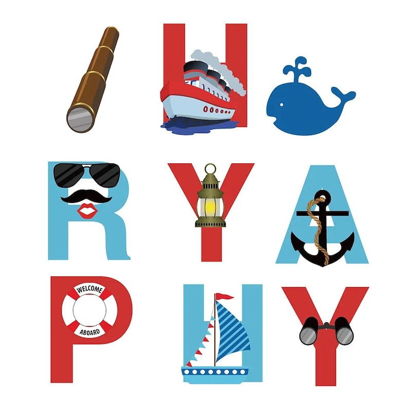 May include: A colorful alphabet print with nautical themes. Each letter is red with a blue outline and features a different nautical image. The letters spell out "HURRY" and "PLAY".