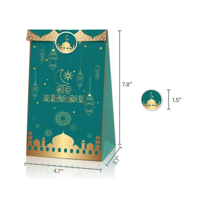 May include: Green and gold gift bag with a mosque and lanterns design. The bag is 7.8 inches tall, 4.7 inches wide, and 3.1 inches deep. The text "Eid Mubarak" is printed on the bag.