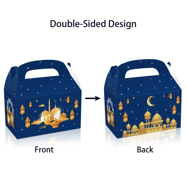 May include: Double-sided Ramadan favor boxes with a blue background and gold accents. The front features a gold lantern, candles, and a mosque. The back features a gold mosque and crescent moon.