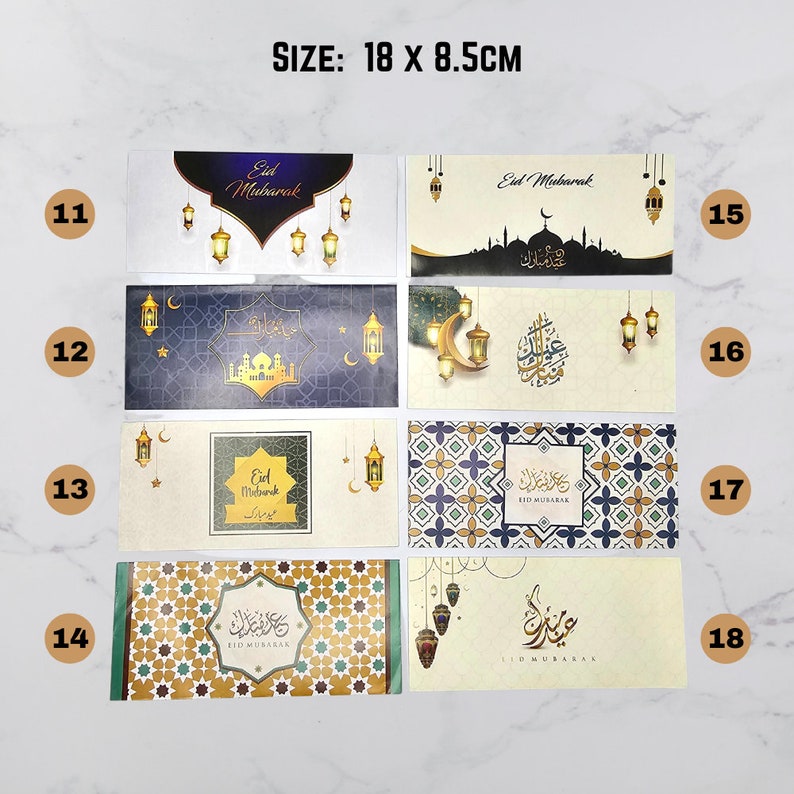 May include: Eight different designs of Eid Mubarak greeting cards, each with a different pattern and color scheme. The cards are 18 inches by 8.5 inches.