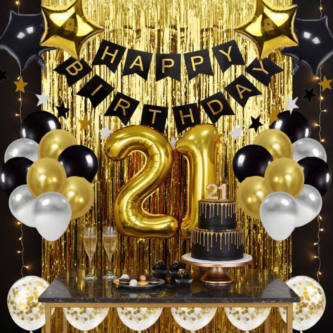 Decorazioni Oro E Nero Palloncini Per 21° Compleanno - Set Di 15 Pezzi Oro E Nero Con Coriandoli, Decorazione Festa Elegante Palloncini Con Coriandoli