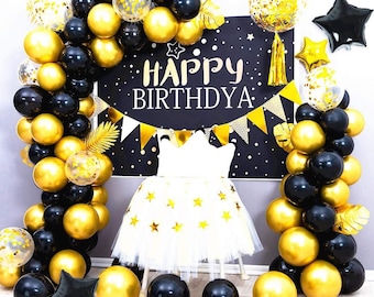 Kit Décoration Anniversaire Noir Et Or 55 Ballons - Banderole, Rideaux Franges, Confettis - Déco Luxe