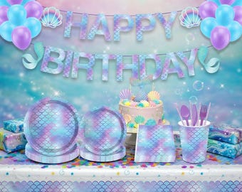 Mermaid Party Decorations Set – Banner, Toppers, Wrappers, Tableware