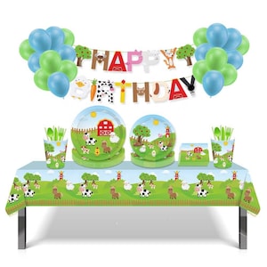 Farm Party Decorations - Farm Theme Birthday - Farm Animal Birthday Banner - Farm Animal Cupcake Toppers - Farm Table Cover