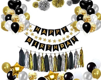 Ensemble Décoration Anniversaire Noir Et Or 16 Pièces - Lanternes, Rideau Métallique Et Rubans