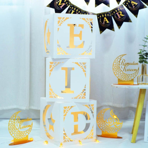 Eid Decoration For Home, Eid Balloon Boxes, Eid Mubarak Decorations - Eid Backdrop, Eid Boxes With LED, White - 3pcs