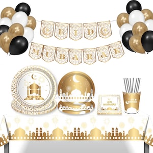 Op de afbeelding: Gouden en witte Eid Mubarak-feestbenodigdheden, waaronder een banner, borden, servetten, bekers en ballonnen. De banner luidt "Eid Mubarak".