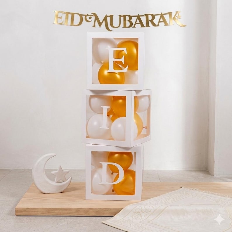 Eid Balloon Boxes - Eid Decorations For Home - Eid Party Decorations - White - 3pcs image 1