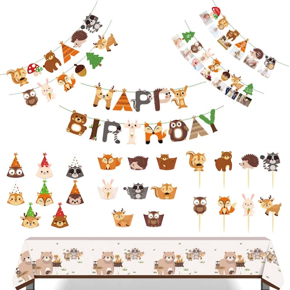 Kit Décoration Anniversaire Animaux Forêt EASY JOY - Spirales, Bannière Happy Birthday, Thème Woodland Renard Hérisson