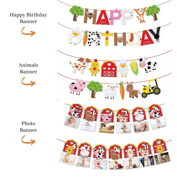 Happium Striscione per feste di buon compleanno, striscione per feste a tema animali da fattoria, striscione a tema fattoria per decorazioni di compleanno per bambini di 1, 2, 3, 4 anni