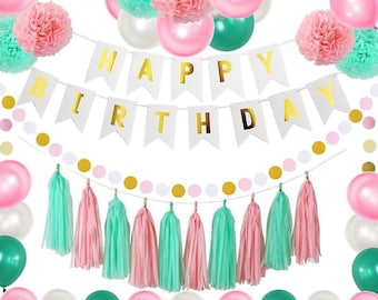 Pastel Birthday Decoration Set, Pastel Balloons, Pastel Birthday Banner, Pastel Tassels, Pastel Pompoms, 41 pcs