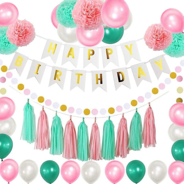 Pastel Birthday Decoration Set, Pastel Balloons, Pastel Birthday Banner, Pastel Tassels, Pastel Pompoms, 41 pcs