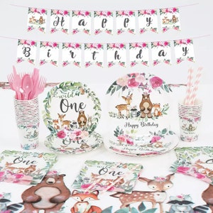 Girl Woodland 1st Birthday Decorations - Woodland Birthday Tableware - Wild One Safari Jungle Party Decorations - Woodland Theme Birthday