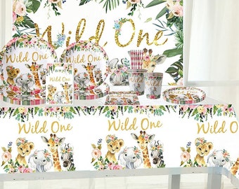 Wild ONE Girl Birthday Decorations - Wild ONE Tableware - Jungle Party Decorations - Safari Birthday Decorations - Animal Theme Birthday