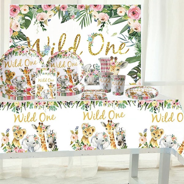Wild ONE Girl Birthday Decorations - Wild ONE Tableware - Jungle Party Decorations - Safari Birthday Decorations - Animal Theme Birthday