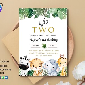 EDITIERBARE Dschungel Safari Wild TWo Geburtstagseinladung, Wild Zwei Geburtstagseinladung, Dschungel Party Einladungen und Danke Tag - HLDT002
