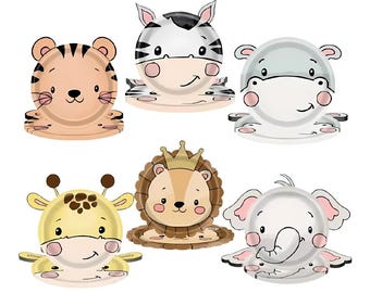 May include: A set of six paper plates featuring adorable cartoon animal designs. The plates include a tiger, zebra, hippo, lion, giraffe, and elephant, each with a unique, friendly expression. The plates are perfect for a children's party or safari-themed event.