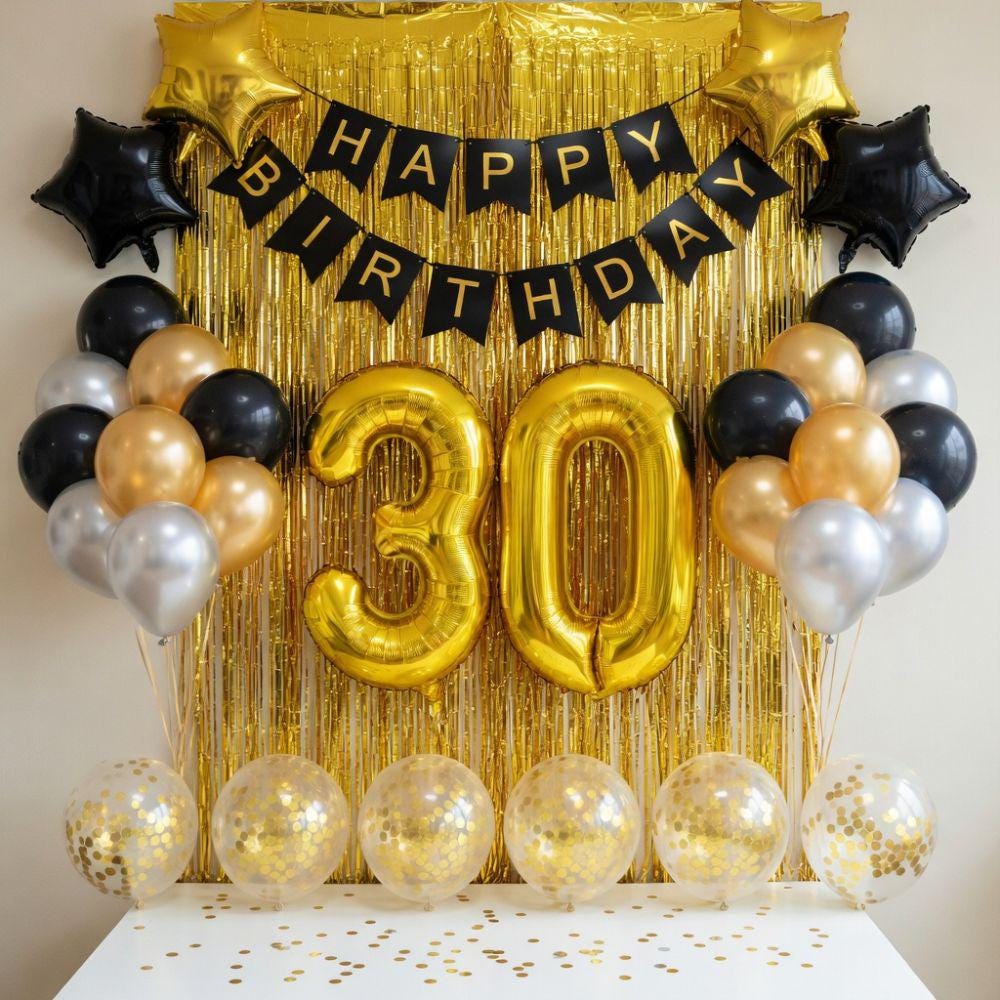 Striscione Per 30° Compleanno In Lamina Olografica - Nero E Oro - Lunghezza 3,9 Metri - Decorazione Festa