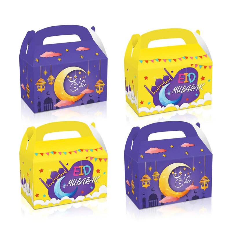 May include: Four colorful party favor boxes with a crescent moon and star design. The boxes are yellow and purple with the words "Eid Mubarak" and "Eid" printed on them.