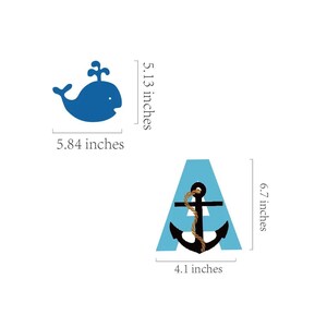 May include: Two blue and white nautical themed paper cutouts. The first cutout is a whale measuring 5.84 inches wide and 5.13 inches tall. The second cutout is the letter A with an anchor in the center, measuring 4.1 inches wide and 6.7 inches tall.