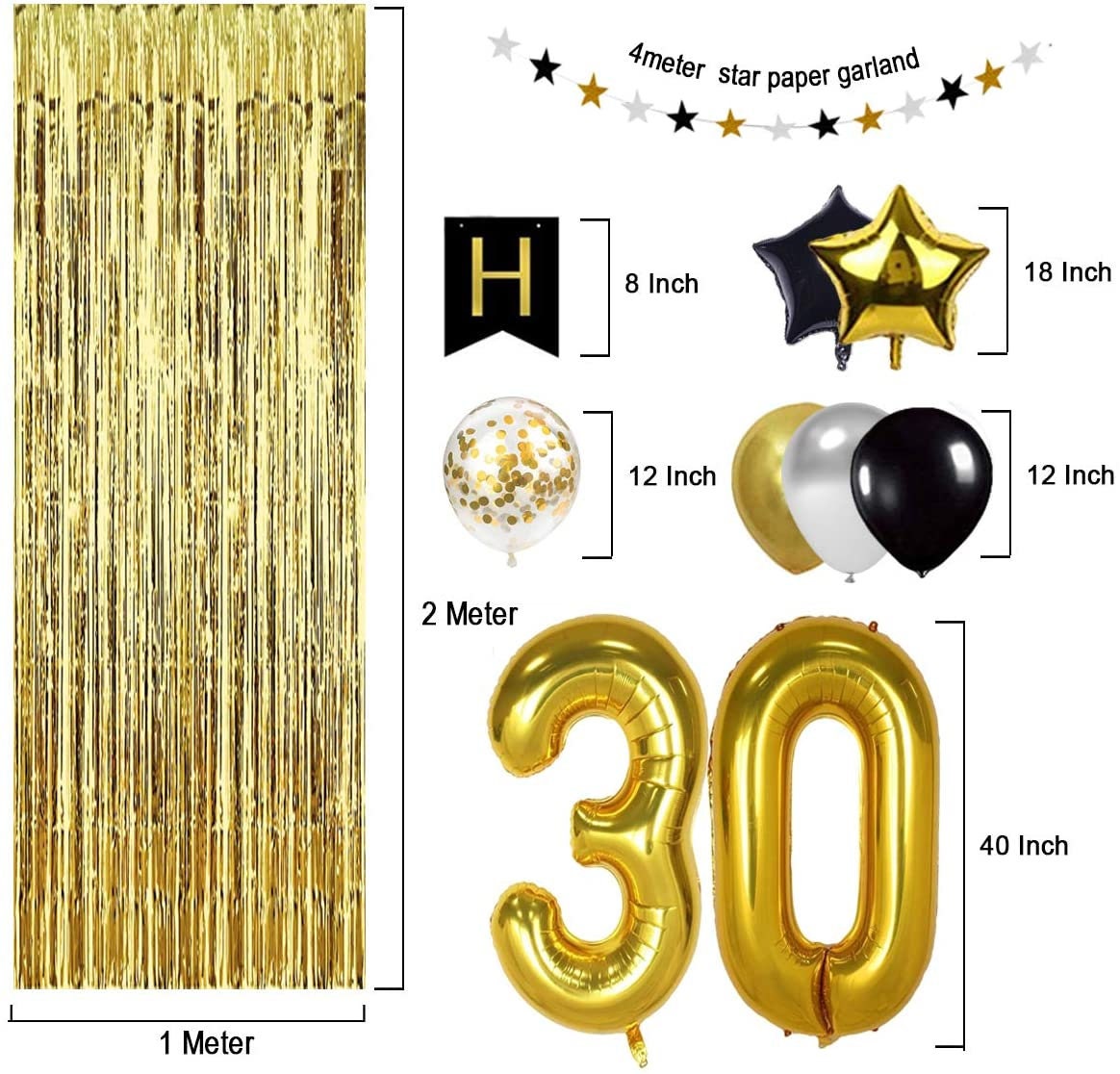 Striscione Per 30° Compleanno In Lamina Olografica - Nero E Oro - Lunghezza 3,9 Metri - Decorazione Festa