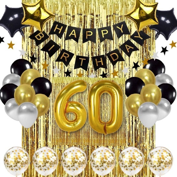 Décoration du 60e anniversaire, Décorations d'anniversaire de la fête des  femmes du 60e homme, Décoration en or noir de ballon de guirlande joyeux