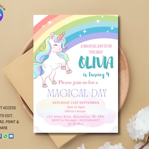EDITABLE Unicorn Birthday Invitation, Unicorn Party Digital Invite, Unicorn Party Invitation and Thank You Tag - UNC001