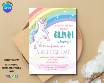 May include: A white unicorn with a rainbow mane and tail stands on a pink and blue watercolour background. The text "A magical day is on the way Olivia is turning 4" is written in a whimsical font. The invitation includes details for a birthday party, including the date, time, location, and RSVP information.