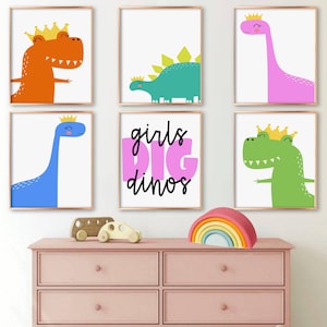 Girls dinosaur wall decor, dino nursery art for girls, pink dinosaur printable, colorful dinosaur art for girl, girls room dinosaur set of 6