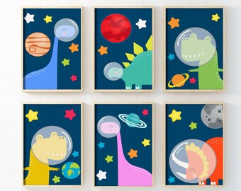 Space Dinosaur Nursery Prints: Galaxy Kids Room Decor (Digital Download)