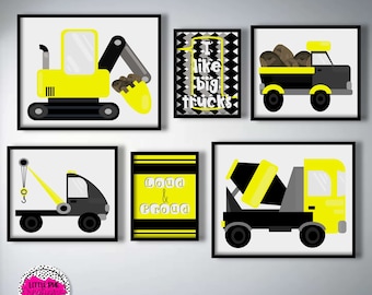 Boy Construction Truck nursery art, truck kids printable, construction equipment wall art, trucks and typography set, Boy room construction