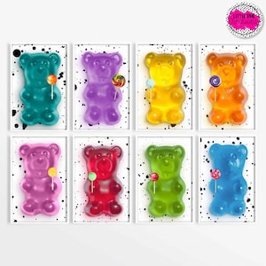 colorful candy print set, bright playroom prints, gummy bear wall decor, bold kids printable, unique and fun kids wall decor, colorful bears