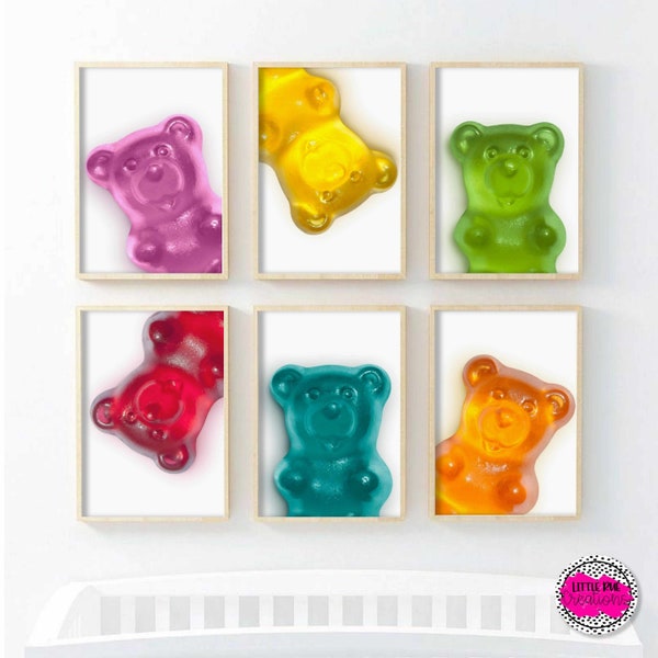 Colorful modern nursery wall art, Set of 6 gummy bear printables, unique and fun kids room gallery wall, Candy nursery, bold colors kid room