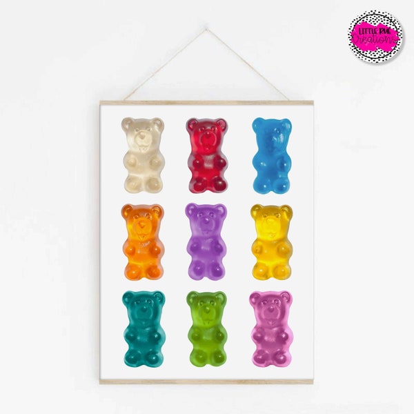 Colorful playroom print, bright and fun nursery wall art, gummy bear collage printable, kids room unique art, modern nursery wall decor,