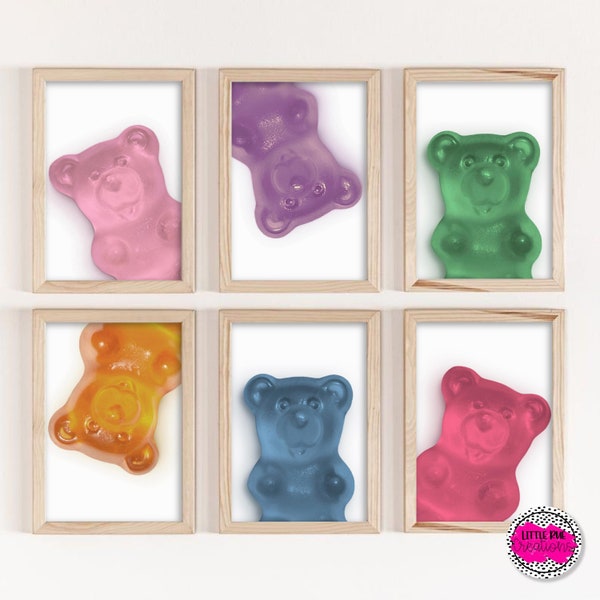 boho nursery prints, kid gallery wall printables, gummy bear artwork, candy wall art, modern playroom printable set of 6, soft color kid art