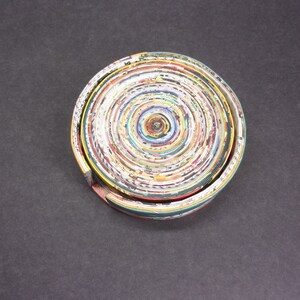 May include: A circular coaster made from rolled up magazine pages. The coaster has a concentric circle pattern with shades of green, yellow, red, and white.
