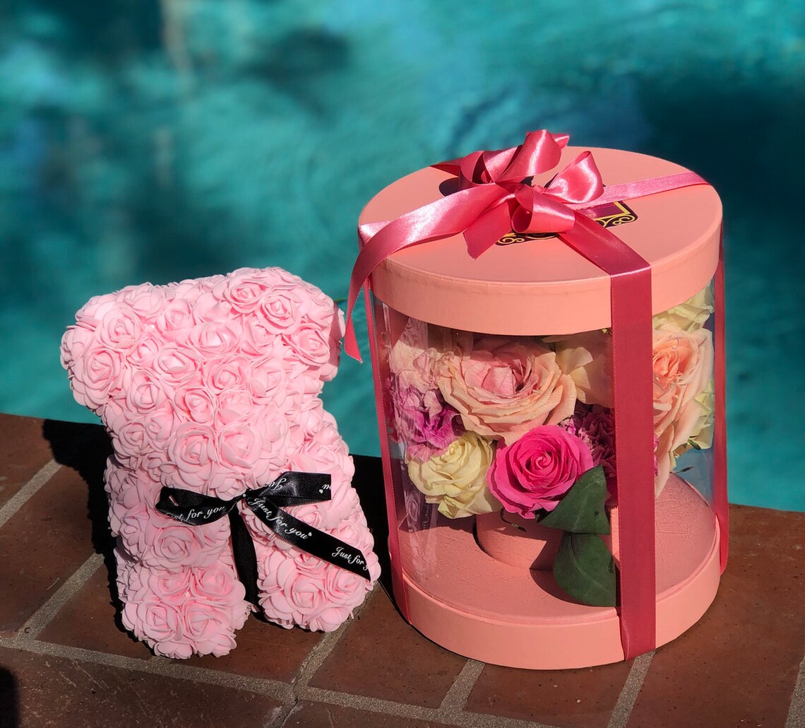 Rose Teddy Bear in Gift Box Etsy